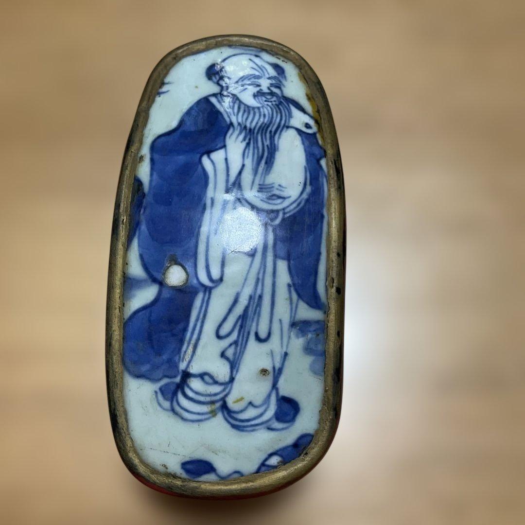 中国骨董 小物入れ 蓋付き 容器 陶器製 人物絵 アンティーク