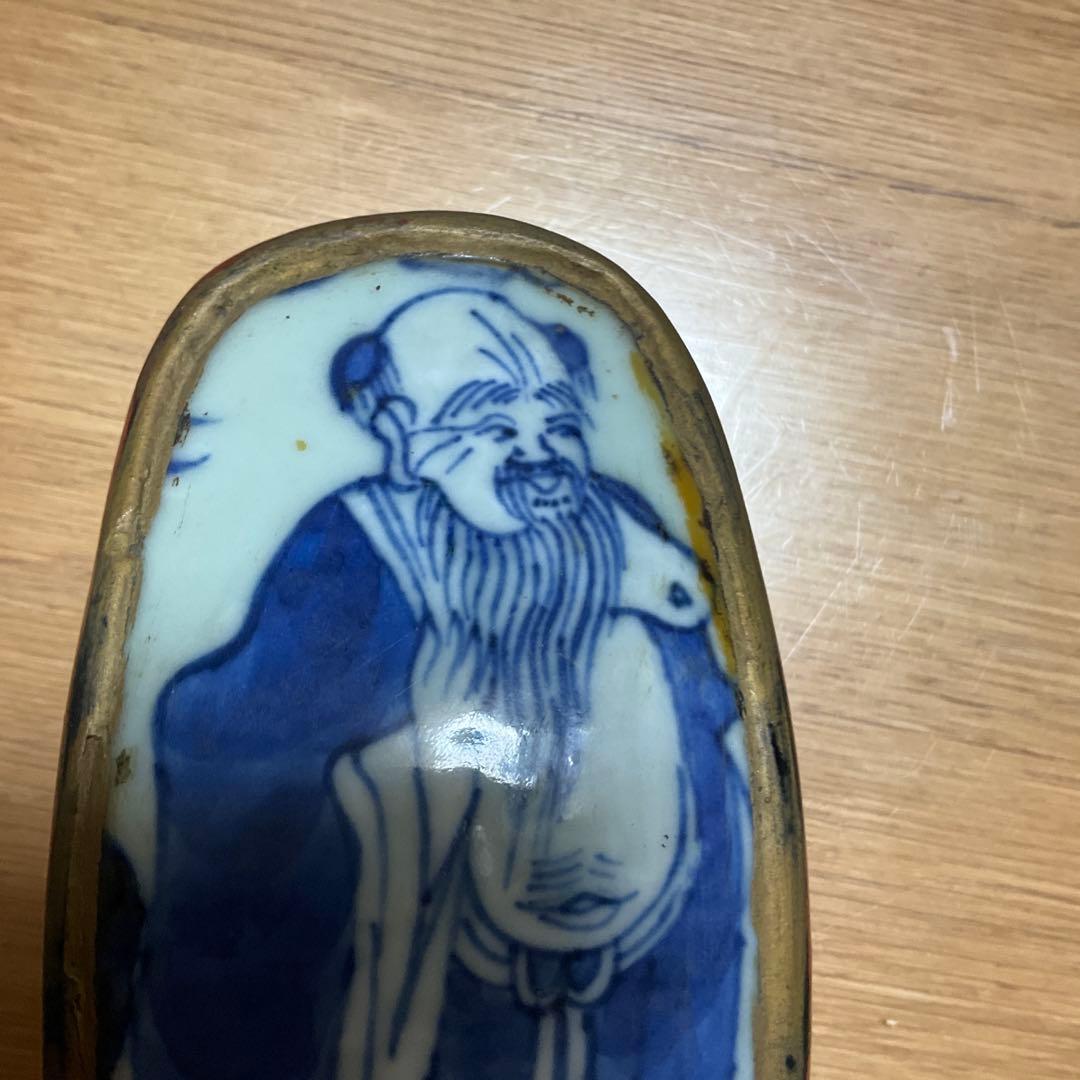 中国骨董 小物入れ 蓋付き 容器 陶器製 人物絵 アンティーク