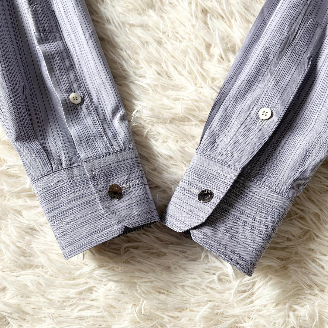 M★HERMES ストライプ 長袖Yシャツ ラウンドヘム仕様 メンズ コットン