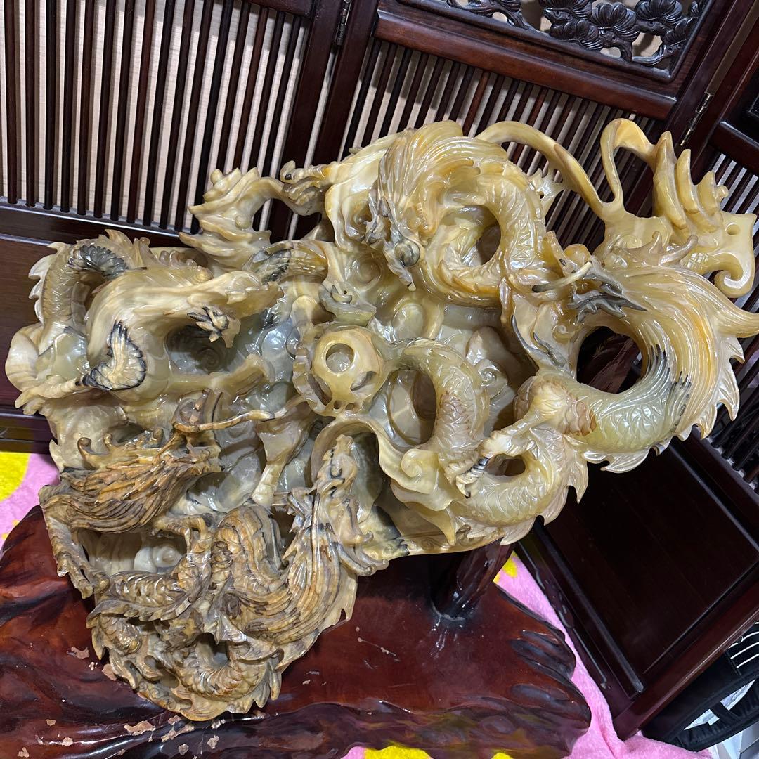 [引き取り限定] 特大　風水　重い　とても立派な龍彫刻　石彫刻　五龍図　木台付き