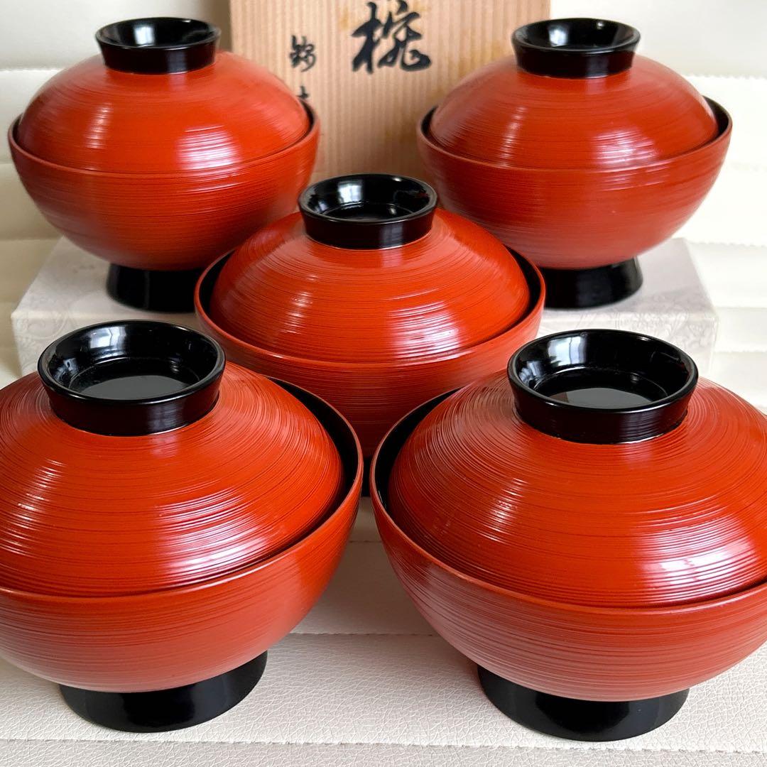 越前塗　錦壽　蓋付きお吸い物椀　5客　天然木　朱塗　漆塗り　汁椀　雑煮椀　吸物椀