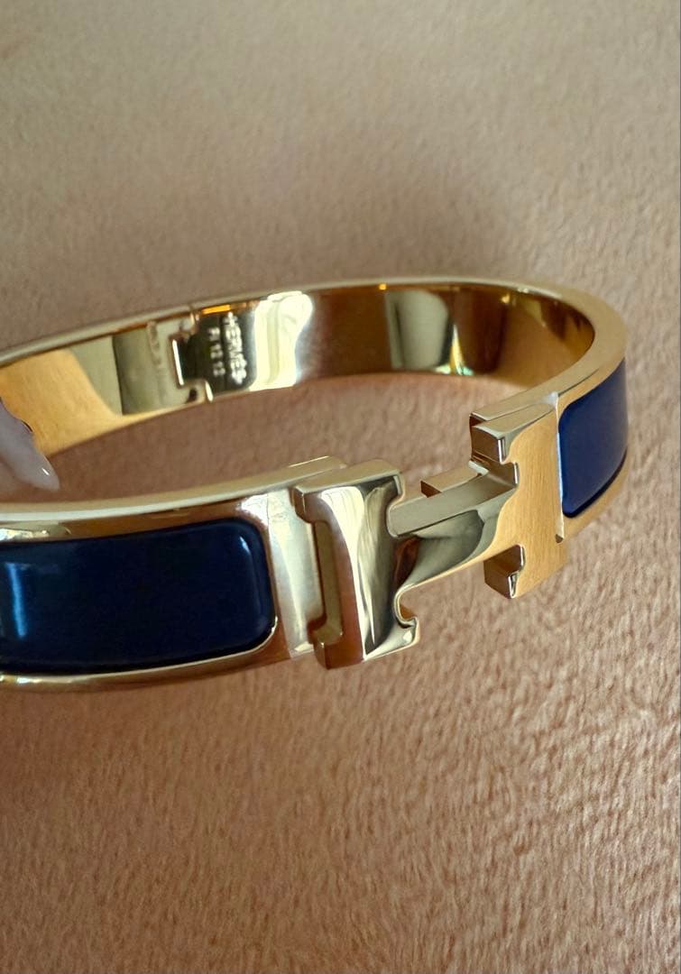 エルメス　ブレスレット　ネイビー金メッキバングル H型 美品
