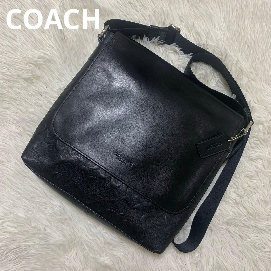 コーチ　F72220 メッセンジャーバック　エンボス　シグネチャー　レザー　黒