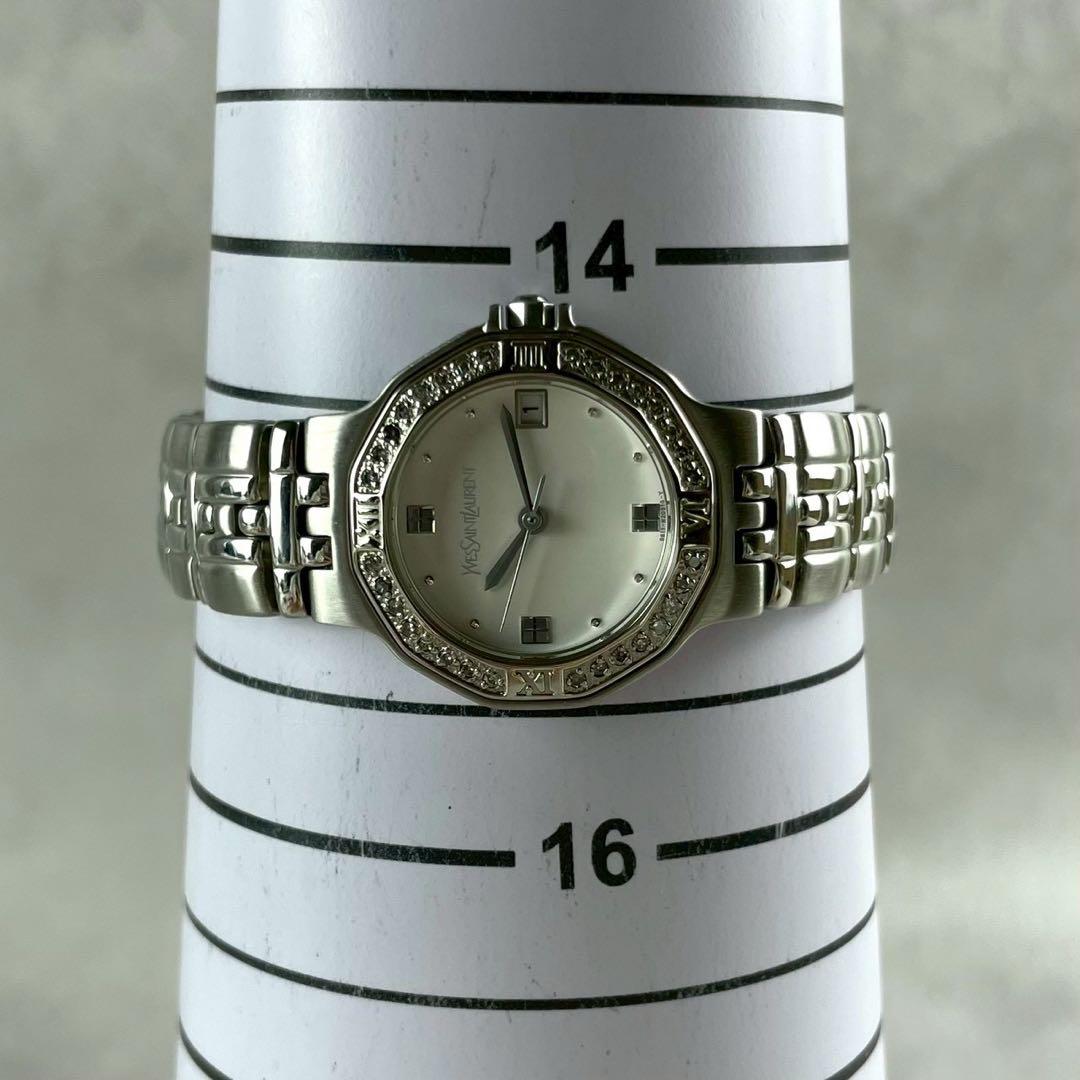 【稼働/極美品】 イヴサンローラン クォーツ腕時計 デイト ダイヤ シルバー