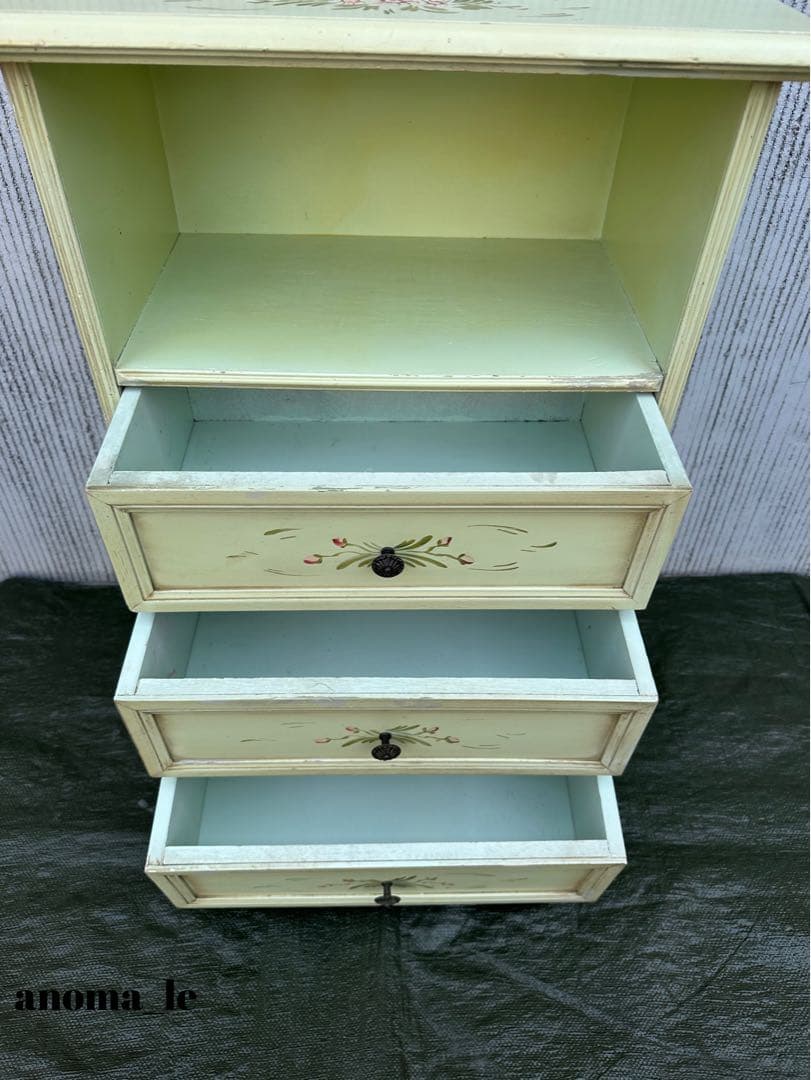 【チェスト】木製　トールペイント　シャビーシック　3段収納　花台　アンティーク◎