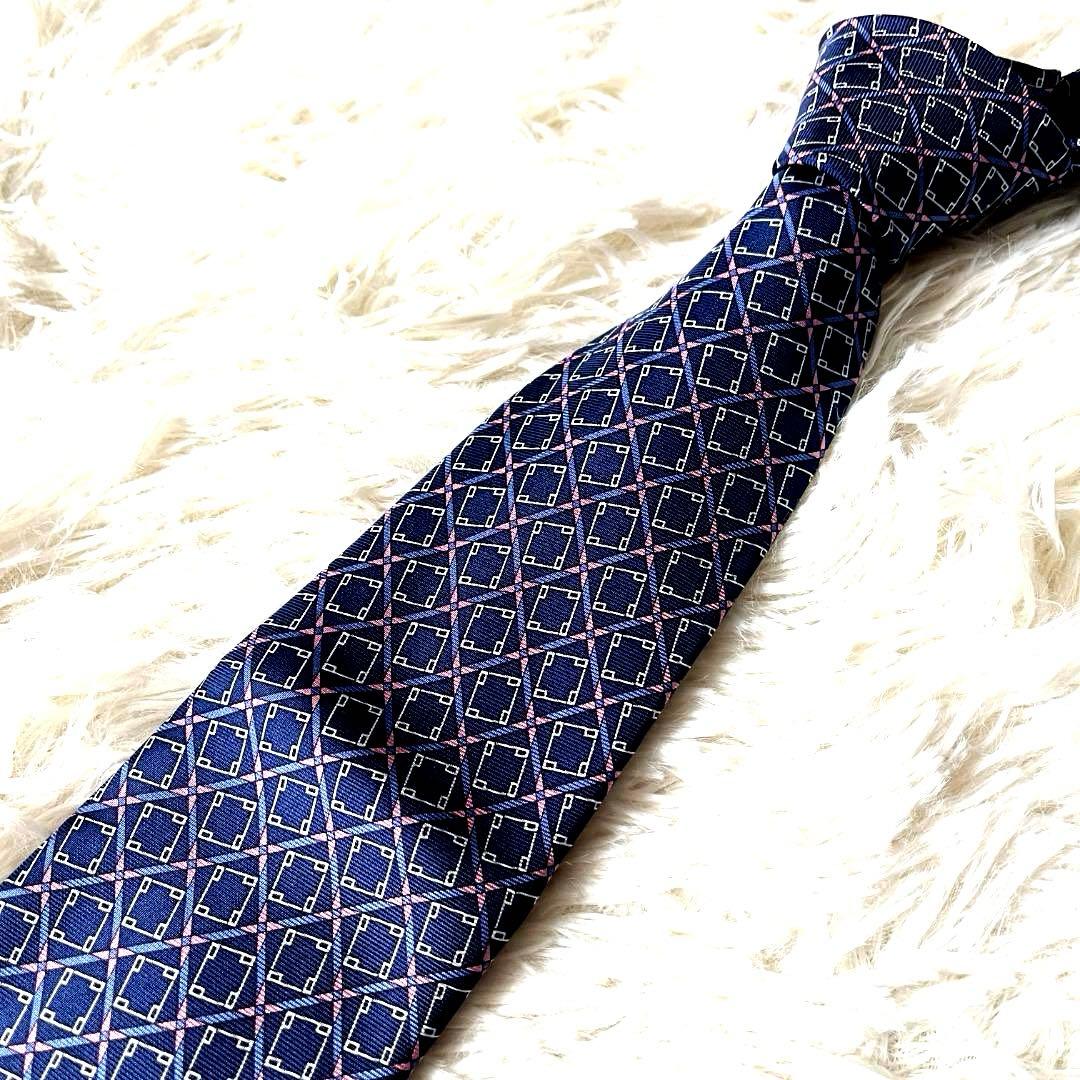 新品 ダンヒル ネクタイ シルク100％ 幾何学柄 ネイビー イタリア製 箱付