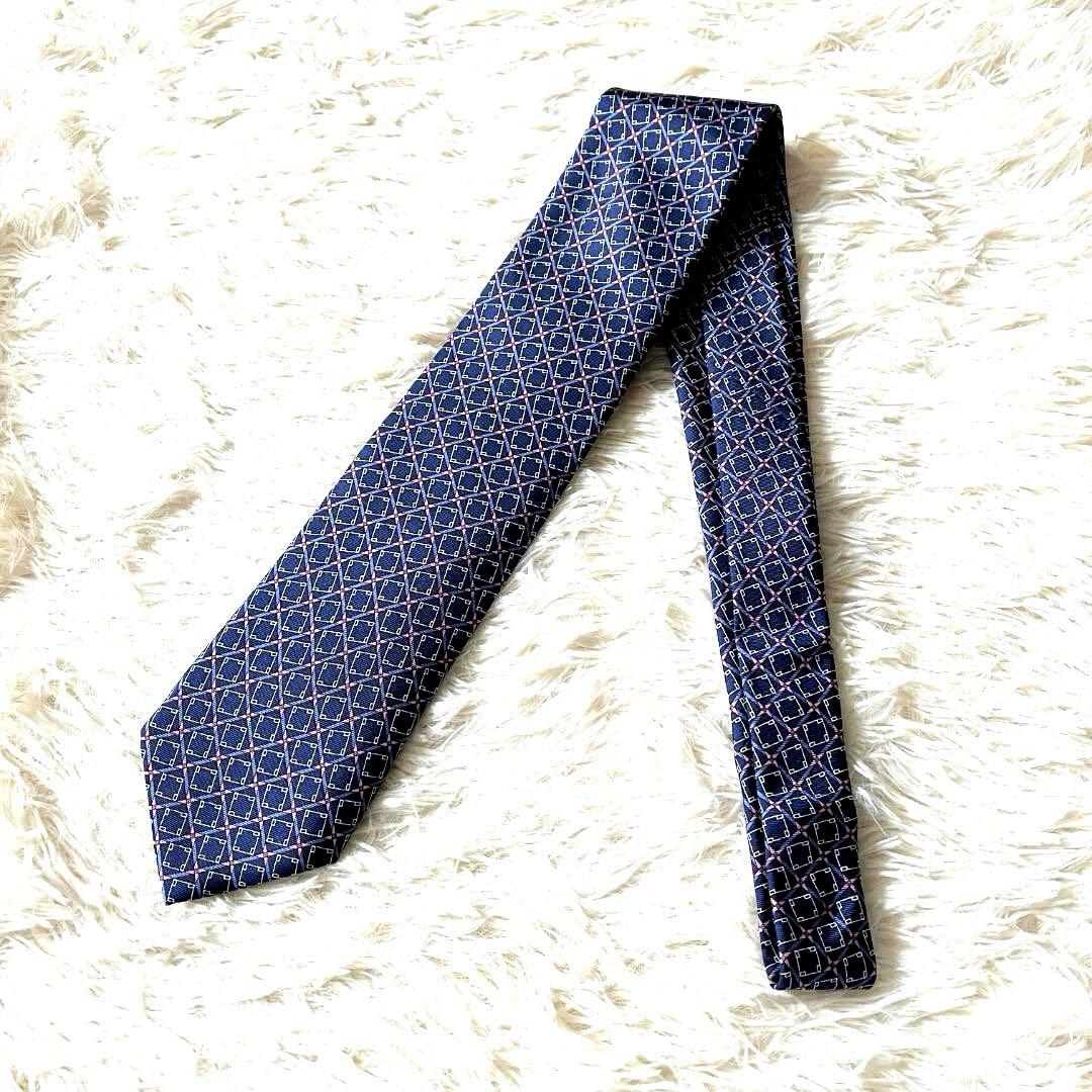 新品 ダンヒル ネクタイ シルク100％ 幾何学柄 ネイビー イタリア製 箱付