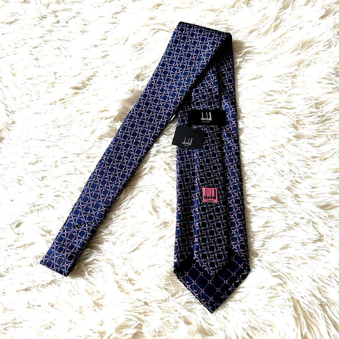 新品 ダンヒル ネクタイ シルク100％ 幾何学柄 ネイビー イタリア製 箱付