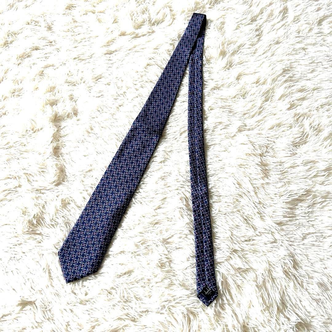 新品 ダンヒル ネクタイ シルク100％ 幾何学柄 ネイビー イタリア製 箱付