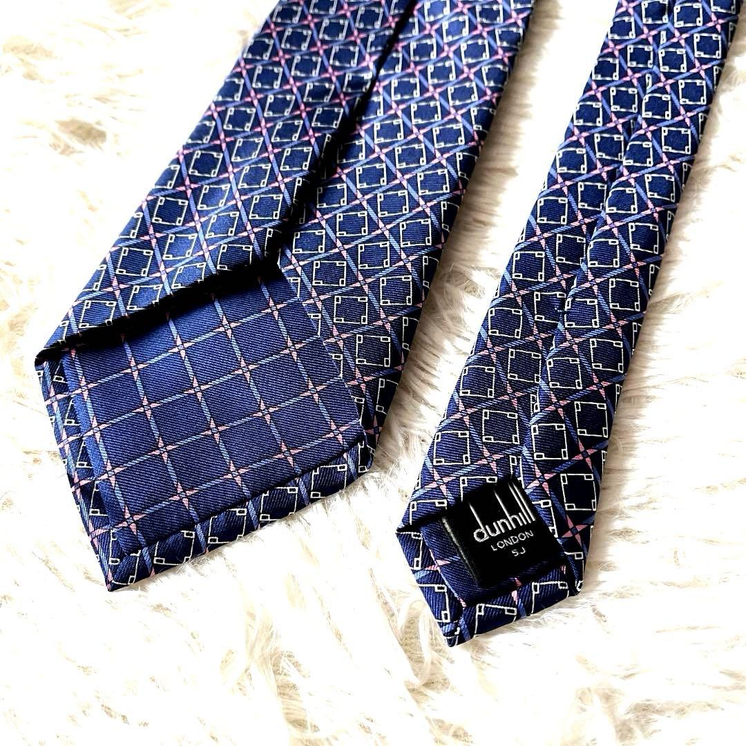 新品 ダンヒル ネクタイ シルク100％ 幾何学柄 ネイビー イタリア製 箱付