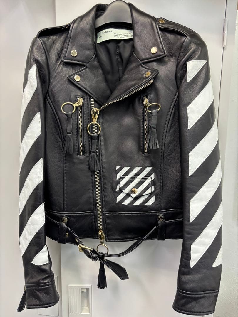 offwhiteブラックレザーライダースジャケット