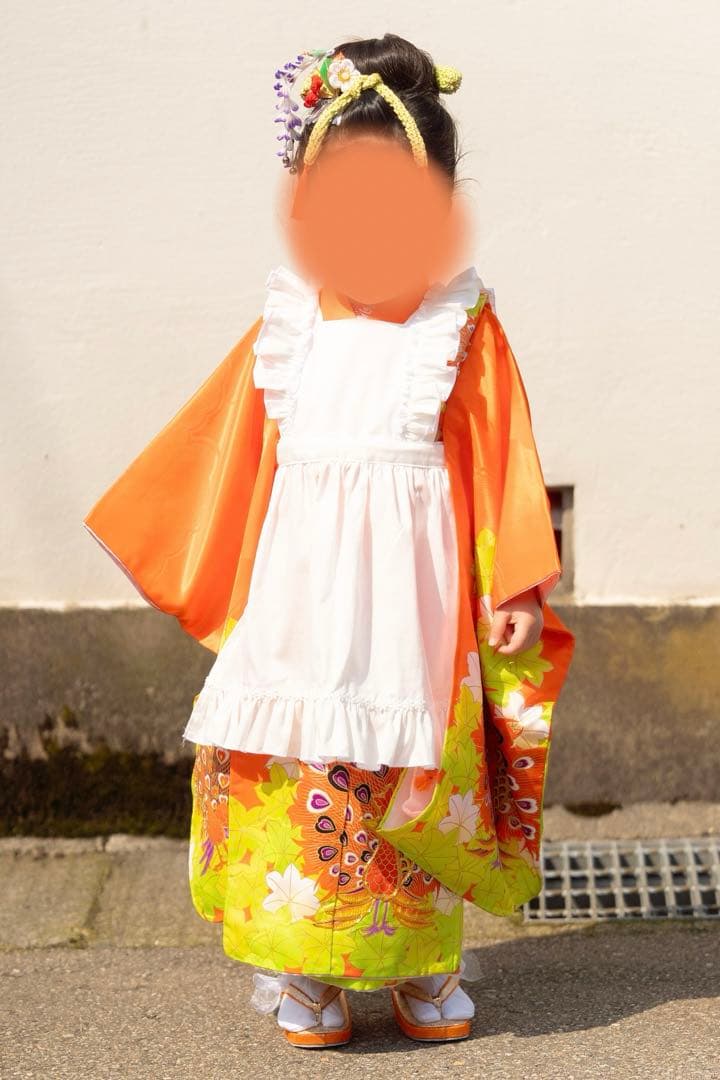 七五三レトロ/3歳7歳着物セット/被布エプロン髪飾り鹿の子ちんころ日本髪