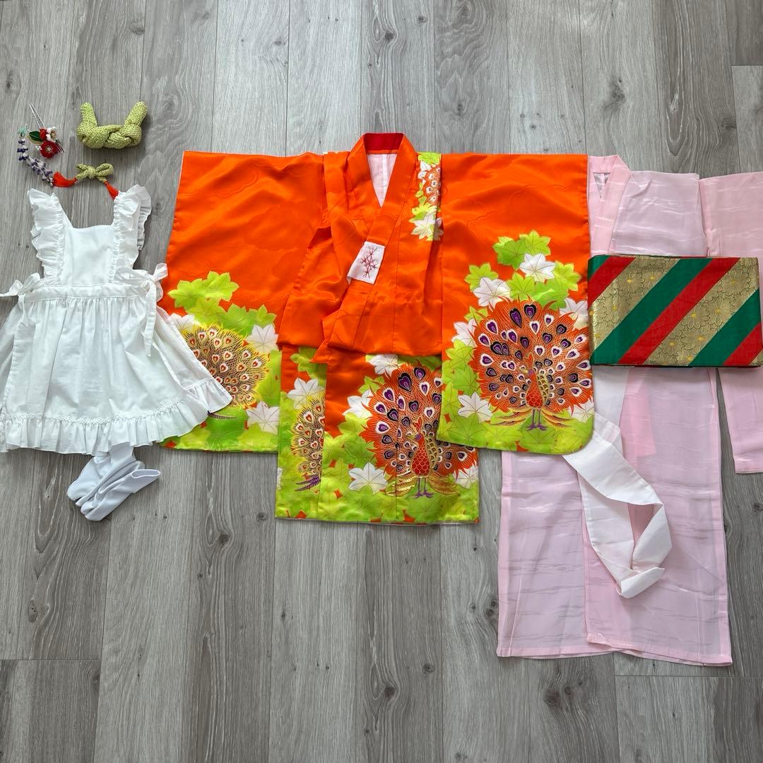 七五三レトロ/3歳7歳着物セット/被布エプロン髪飾り鹿の子ちんころ日本髪