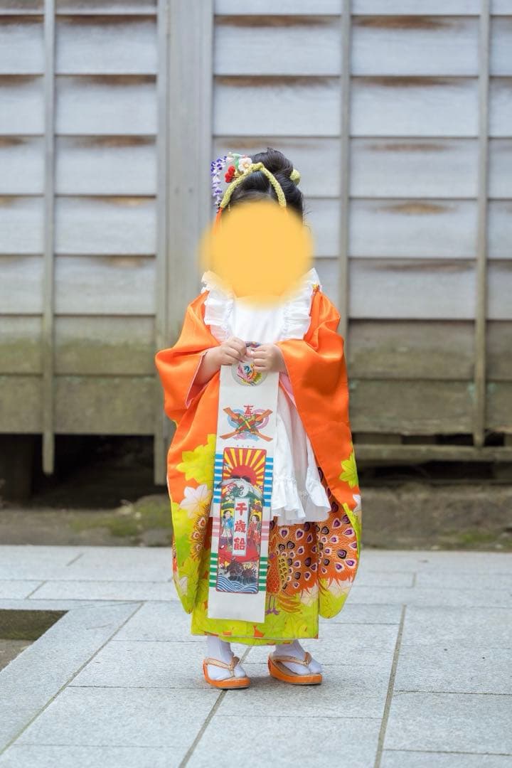 七五三レトロ/3歳7歳着物セット/被布エプロン髪飾り鹿の子ちんころ日本髪