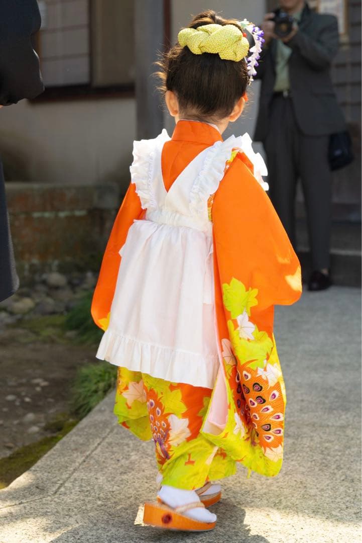 七五三レトロ/3歳7歳着物セット/被布エプロン髪飾り鹿の子ちんころ日本髪