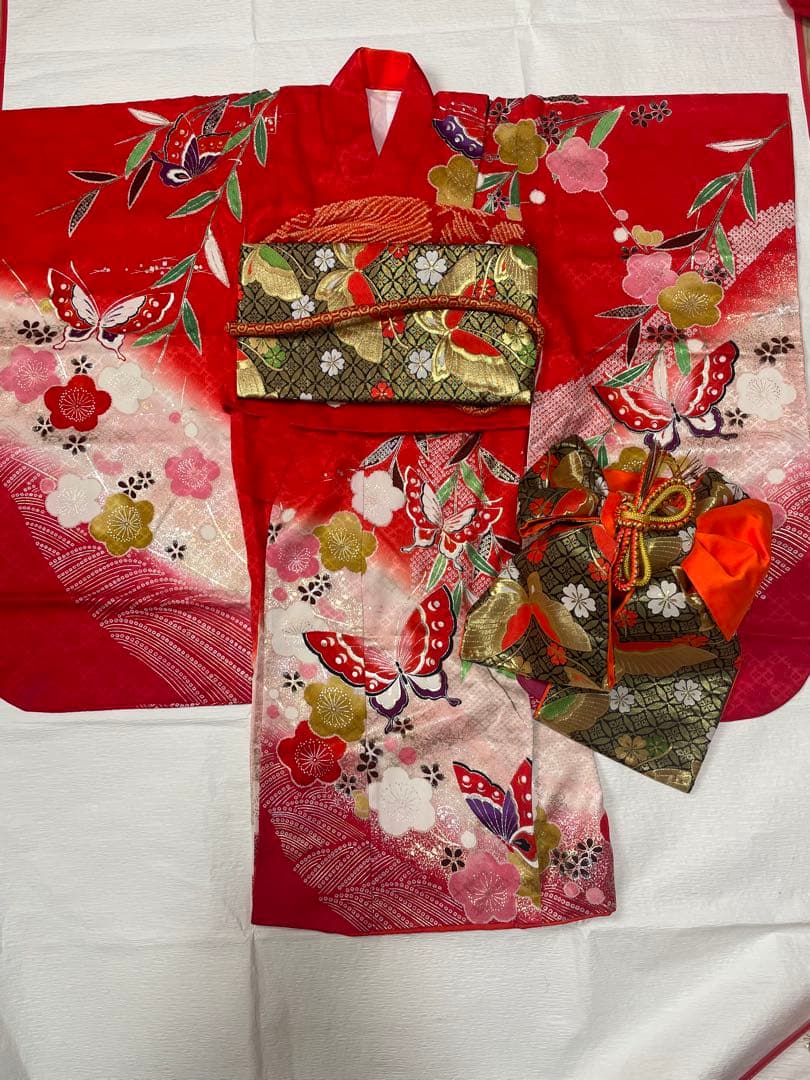 七五三用 赤い蝶と花模様 着物セット