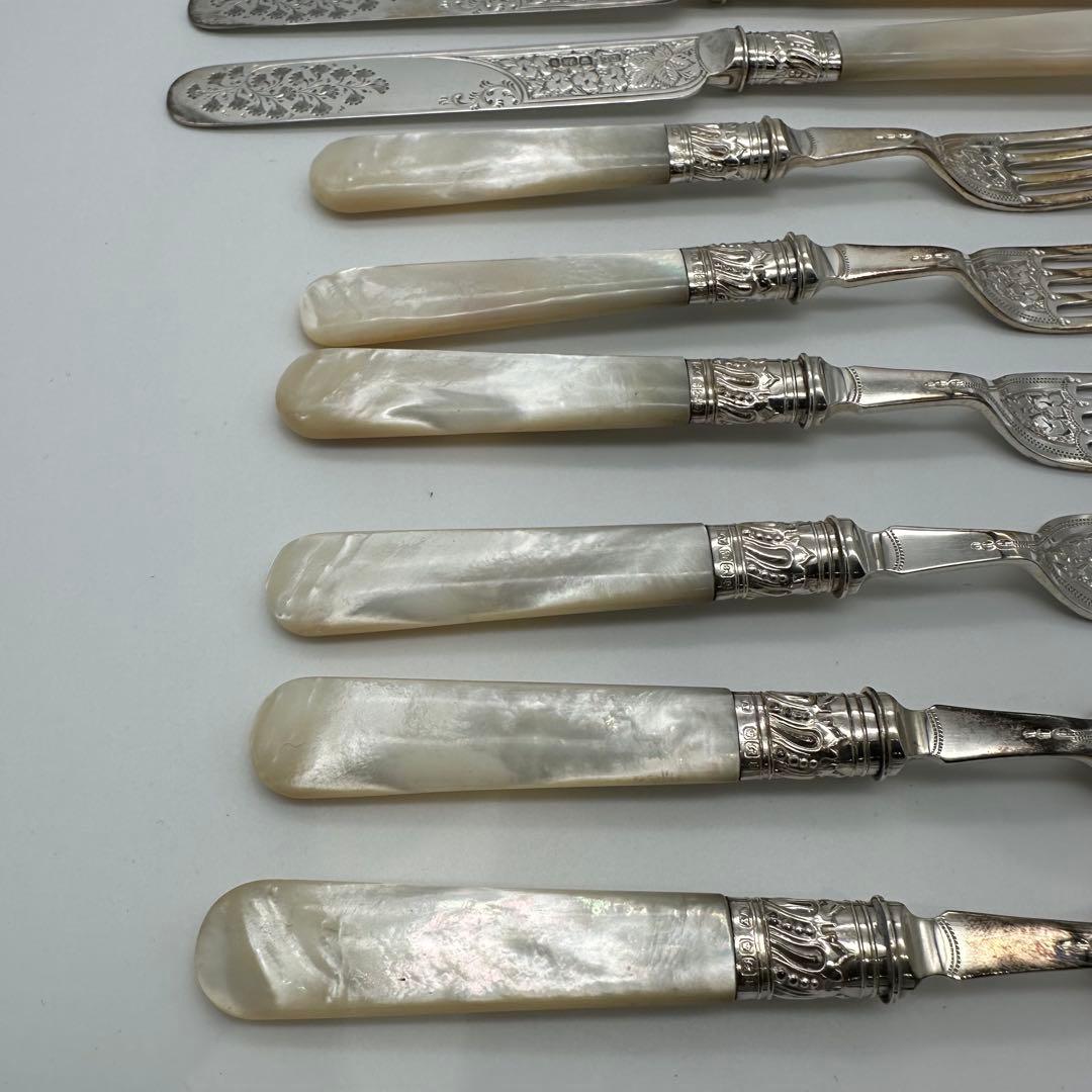 ⭐︎純銀継手 英国製 白蝶貝 マザーオブパールデザートナイフ&フォーク12本 木箱