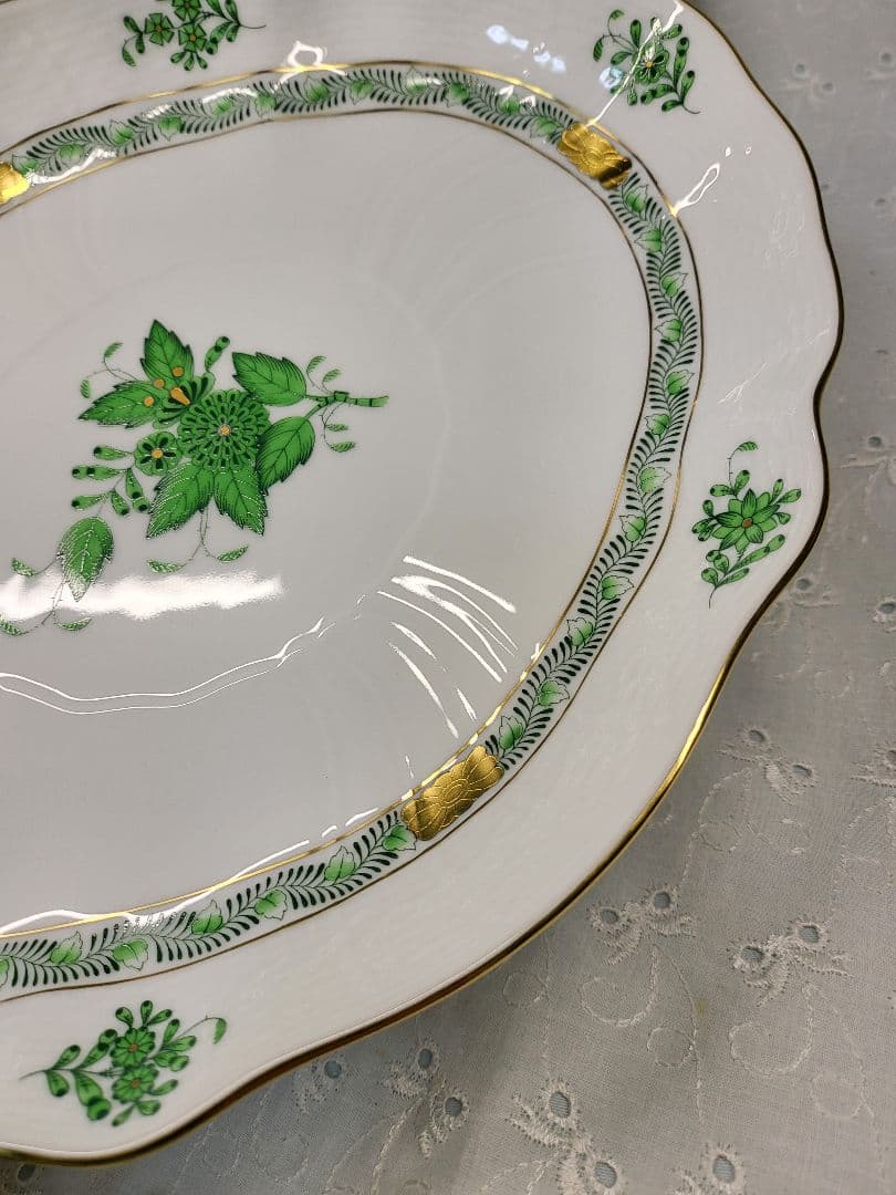 未使用✨ヘレンド アポニー グリーン オーバルプレート 大皿 楕円形 箱付き①
