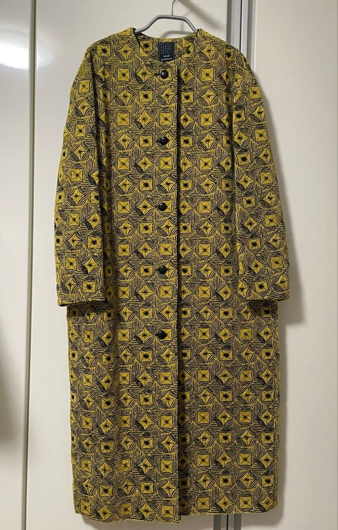 ミナペルホネンmina perhonenロングコート38ベルベット刺繍イエロー