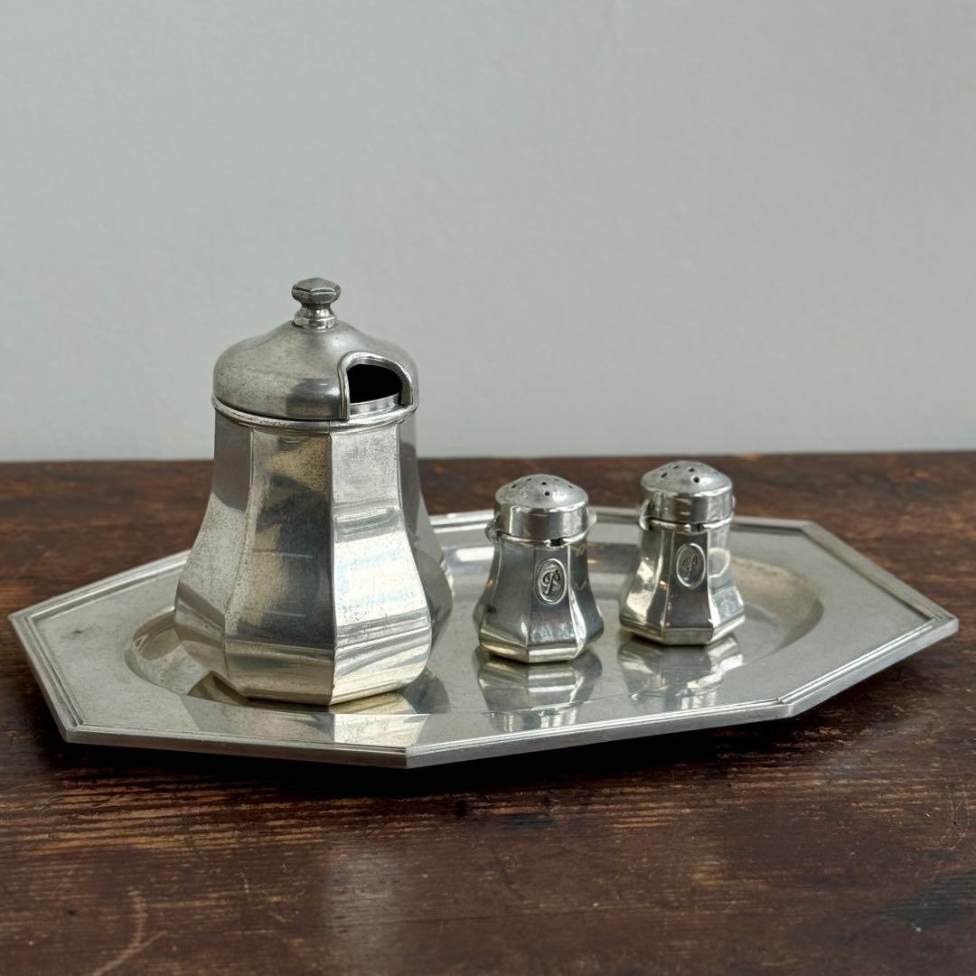 フランス製 トレイ＆シュガー・ソルト・ペッパー 4点セット ピューター 刻印有り
