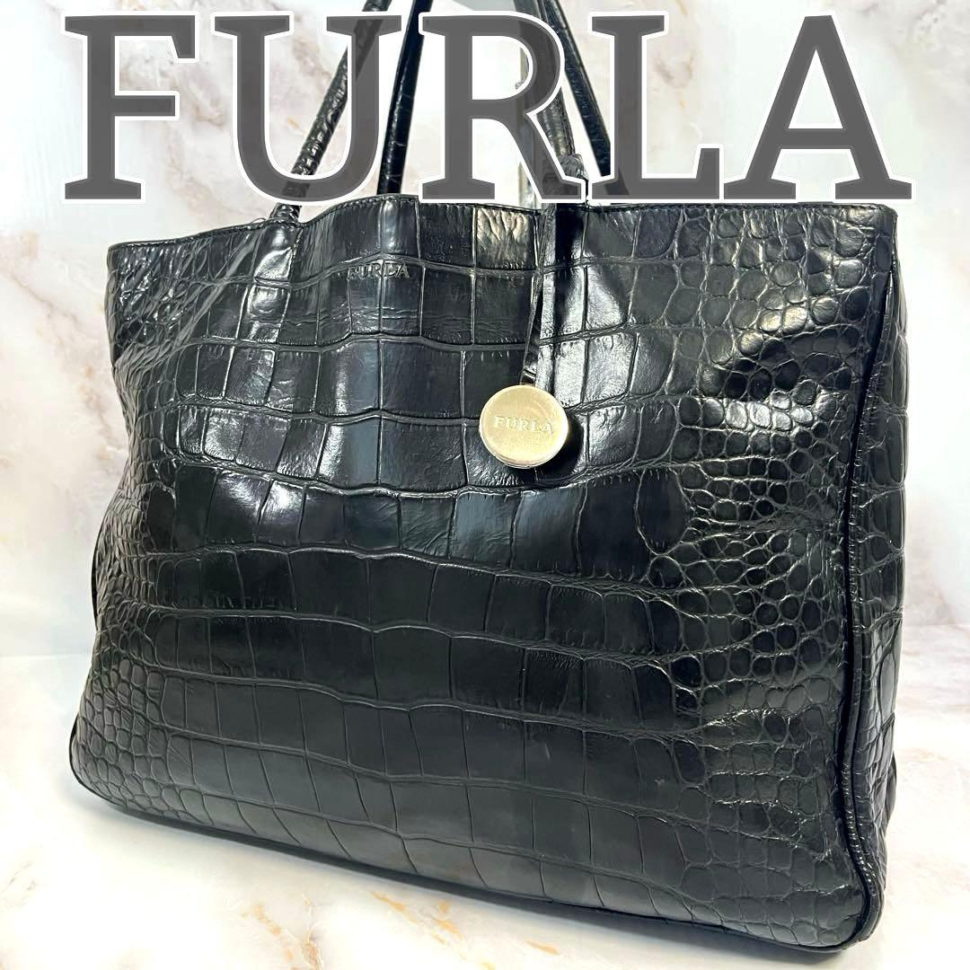 FURLA クロコダイル型押し フルラ トートバッグ ブラック A4 男女兼用