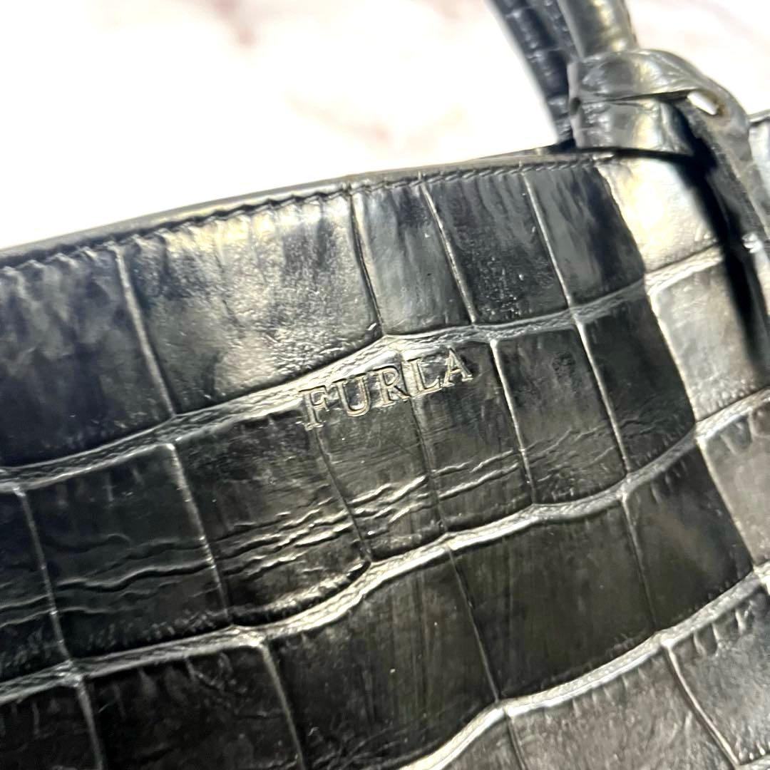 FURLA クロコダイル型押し フルラ トートバッグ ブラック A4 男女兼用