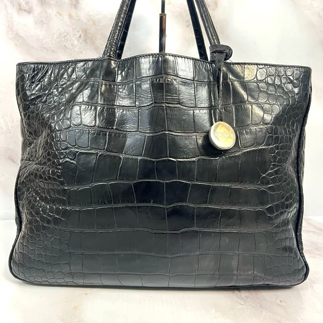 FURLA クロコダイル型押し フルラ トートバッグ ブラック A4 男女兼用
