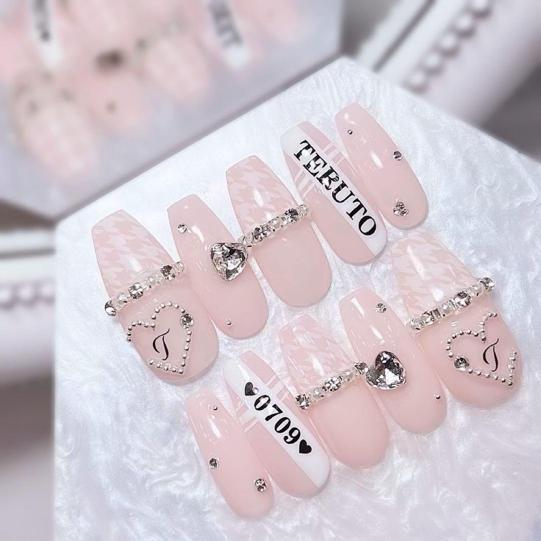 お急ぎ便A♥ ネイルチップ 量産型 千鳥柄 シンプル 白 フレンチ ワンホン