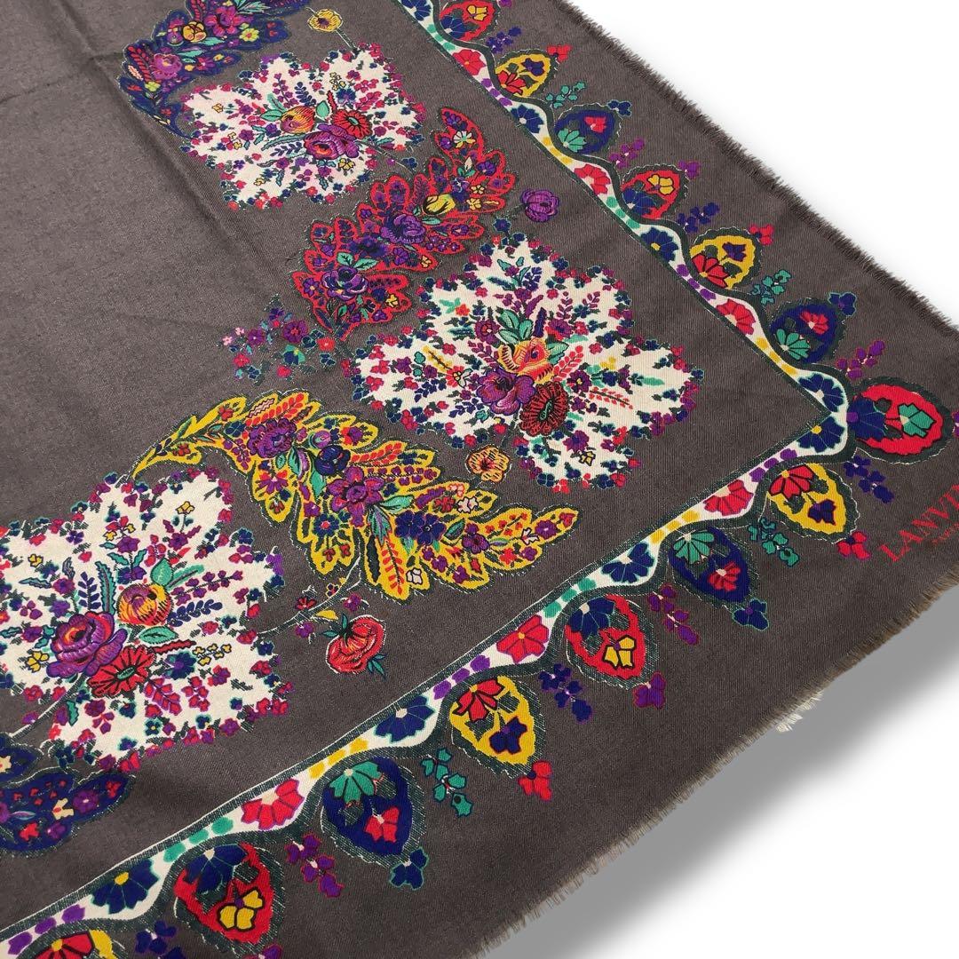 極美品 LANVIN ランバン 大判ストール ウールシルク 花柄 フリンジ付き