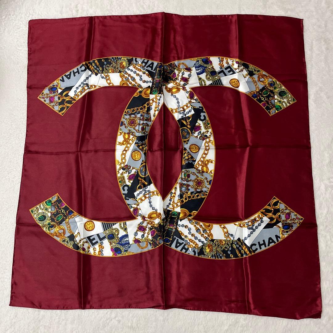 極美品　シャネル　CCロゴ ココマーク　スカーフ　シルク　赤　ヴィンテージ