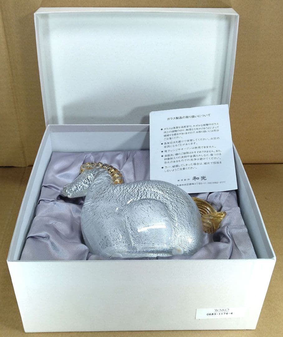 和光 WAKO 干支ガラス置物(馬,午）共箱 美品 金銀彩 クリスタルガラス 栞