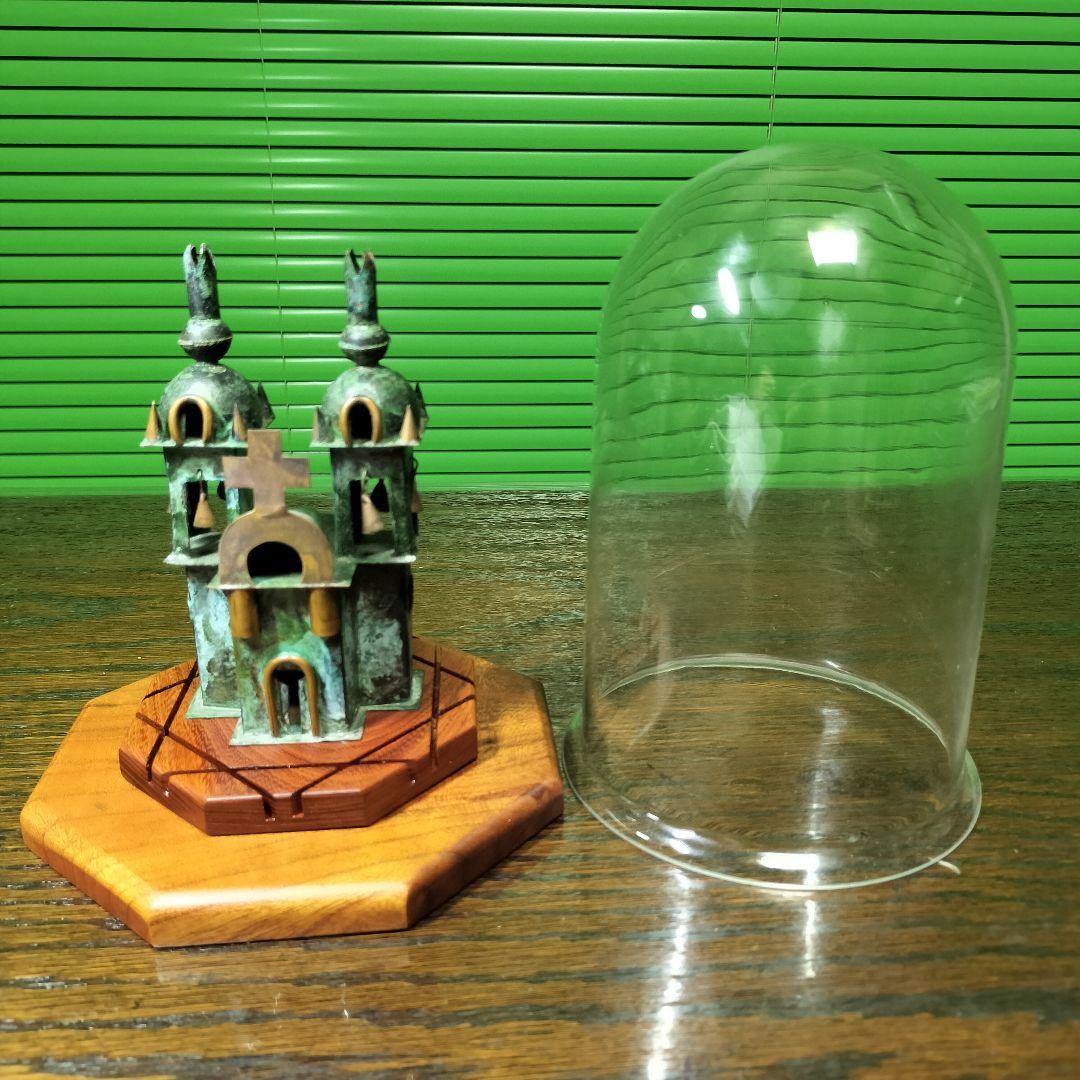 十字架悠久の祈りペルー土産教会銅板細工ガラスドーム欅板台希少玄関飾り