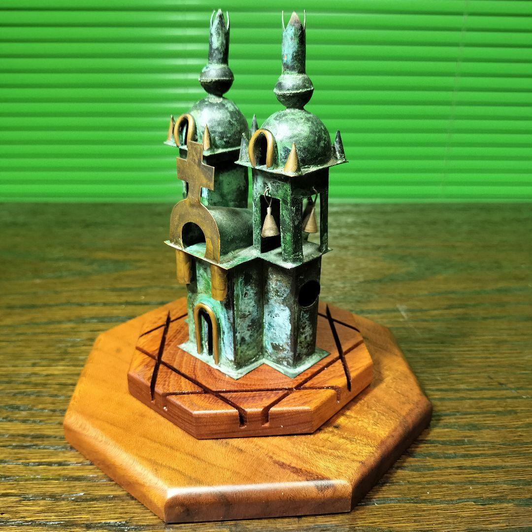 十字架悠久の祈りペルー土産教会銅板細工ガラスドーム欅板台希少玄関飾り