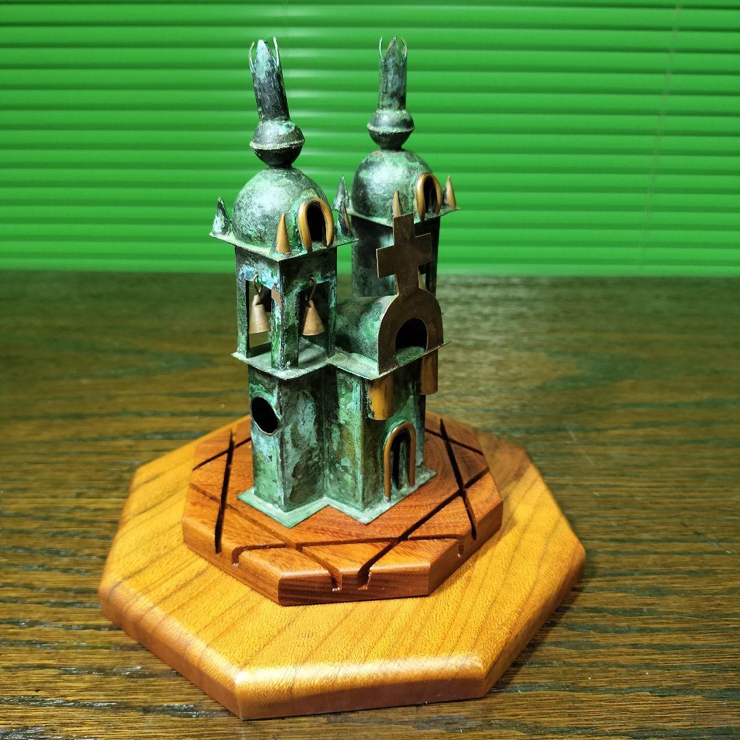 十字架悠久の祈りペルー土産教会銅板細工ガラスドーム欅板台希少玄関飾り