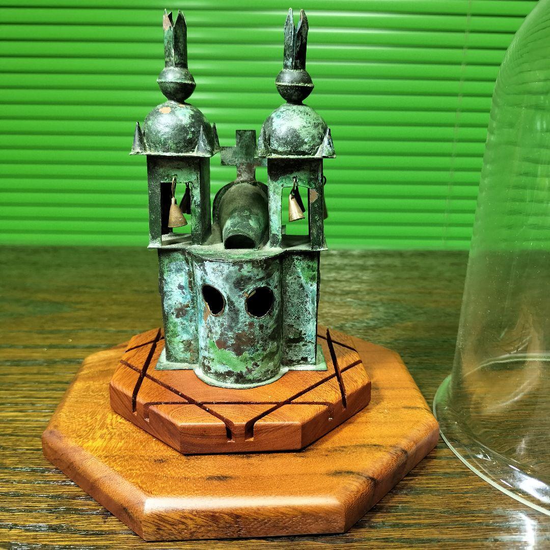 十字架悠久の祈りペルー土産教会銅板細工ガラスドーム欅板台希少玄関飾り