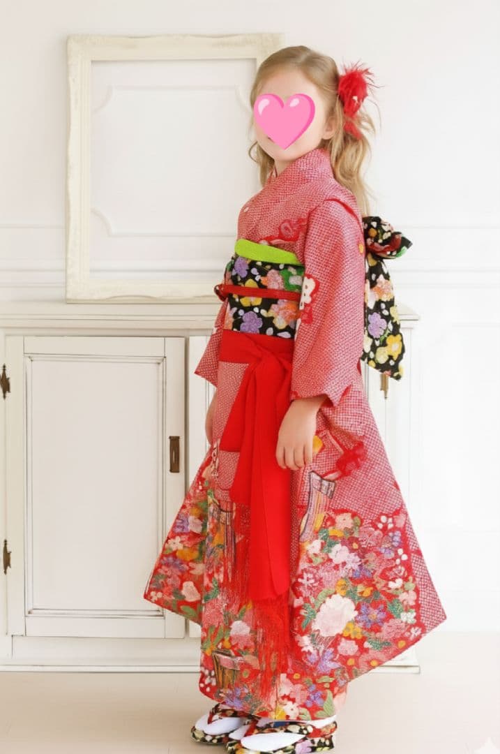 赤に鹿の子模様の着物に作り帯フルセット