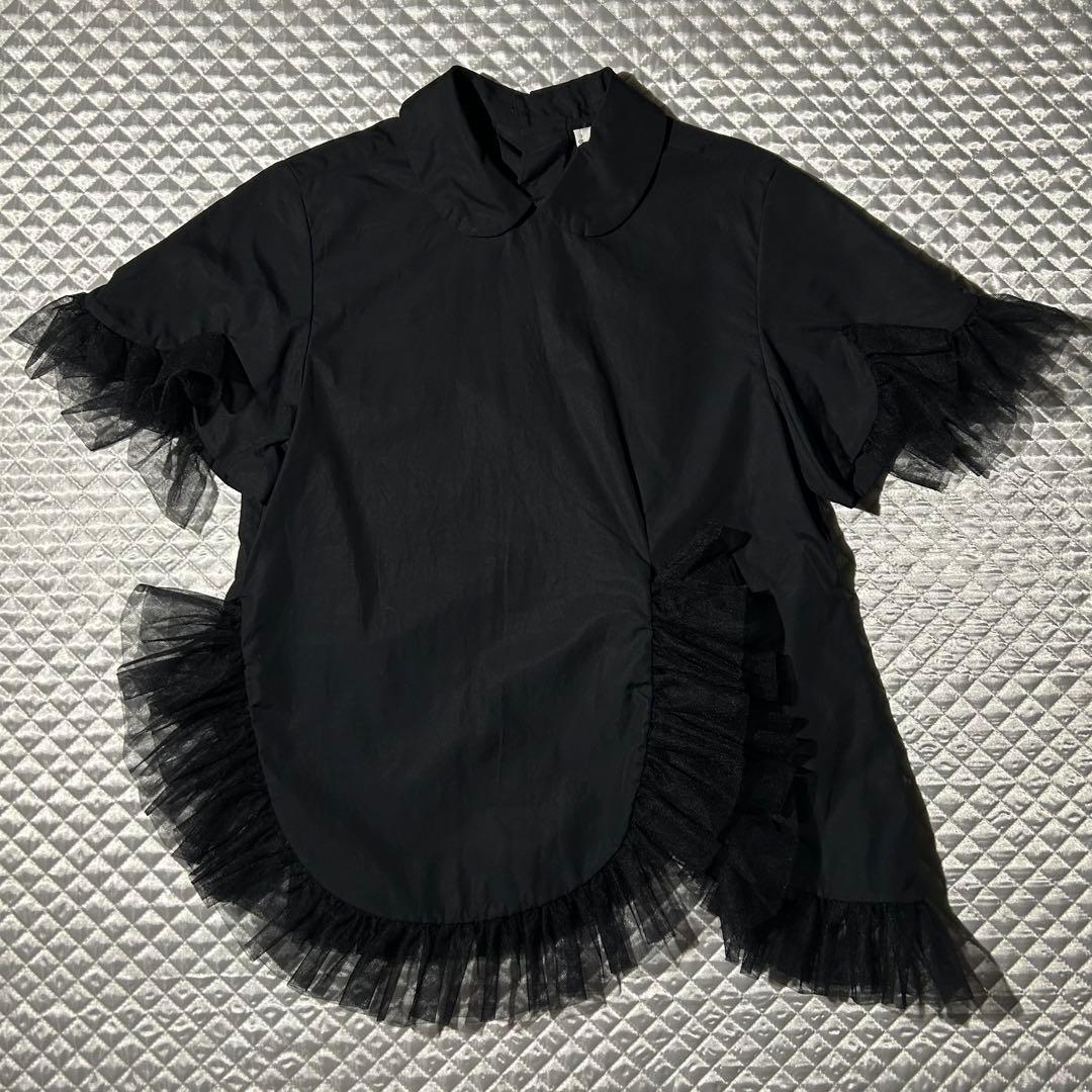 AD2022 23SS チュールフリルデザイン丸襟半袖ブラウス 黒