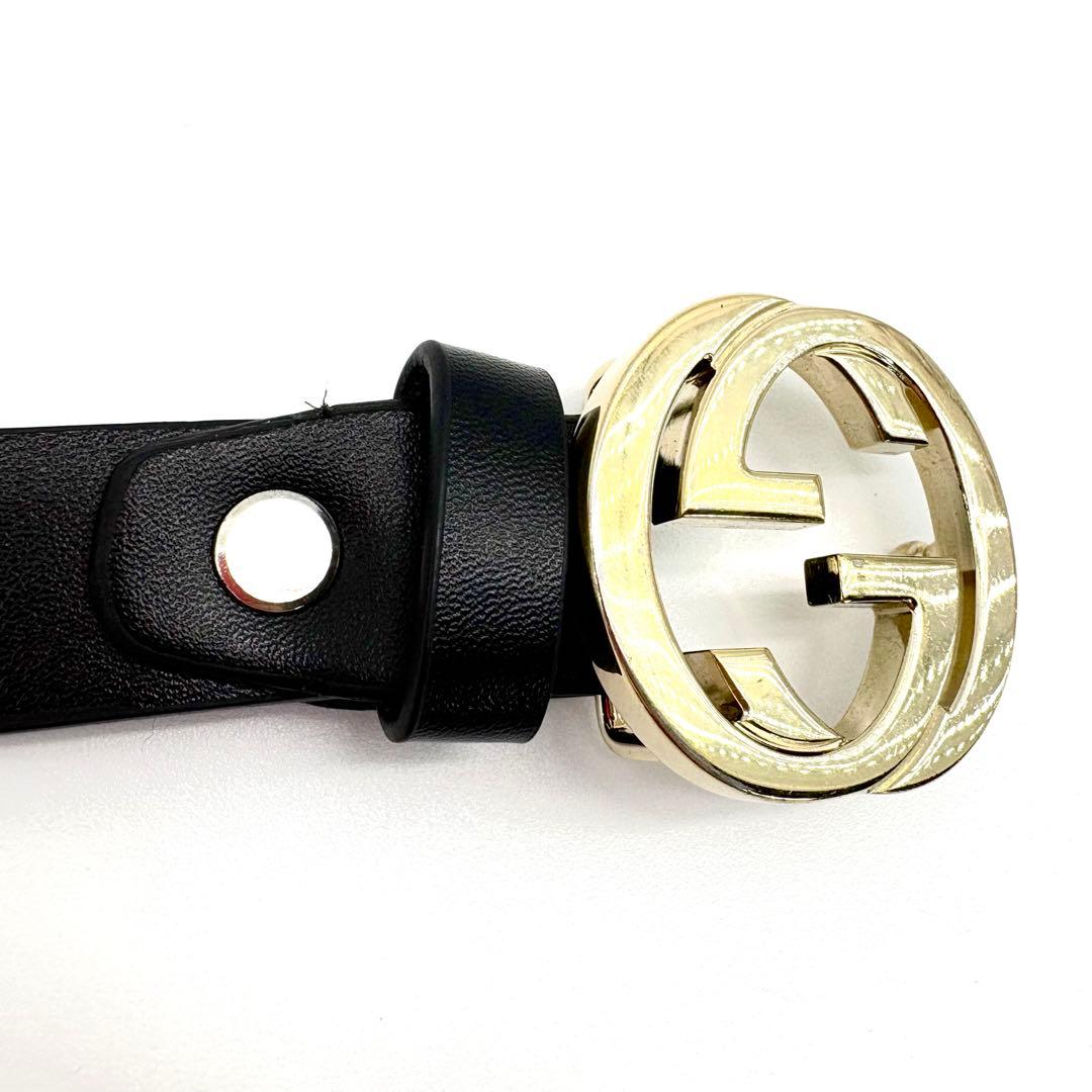 【美品】GUCCI ベルト インターロッキング 黒 ゴールド ダブルGG レザー