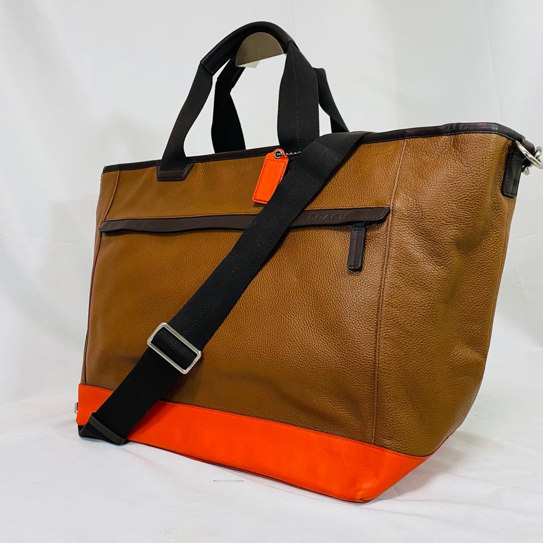 美品　COACH　2WAYトートバッグ　本革　オレンジ　ブラウン　タグ付未使用品
