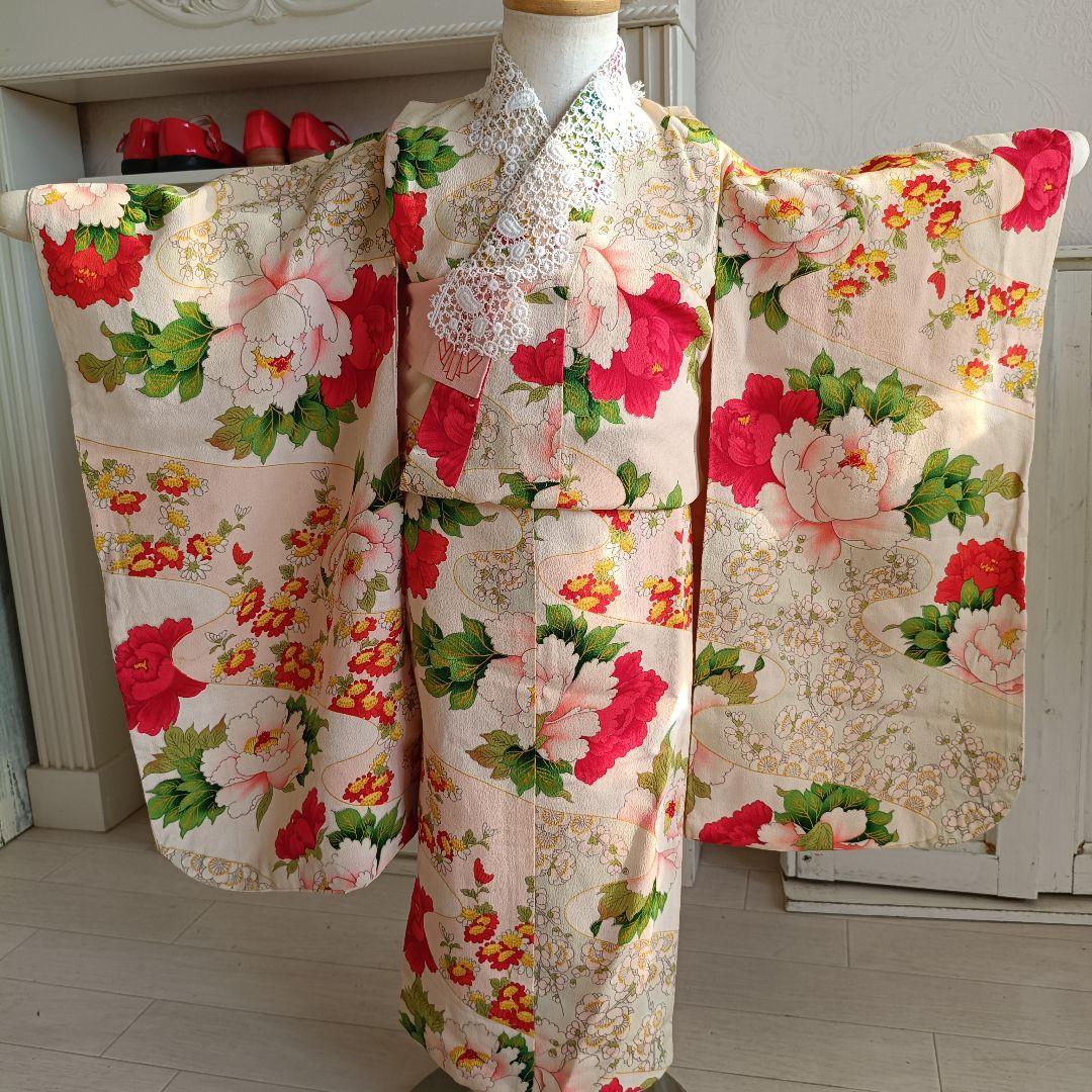 アンティーク大きな牡丹の花の着物単品