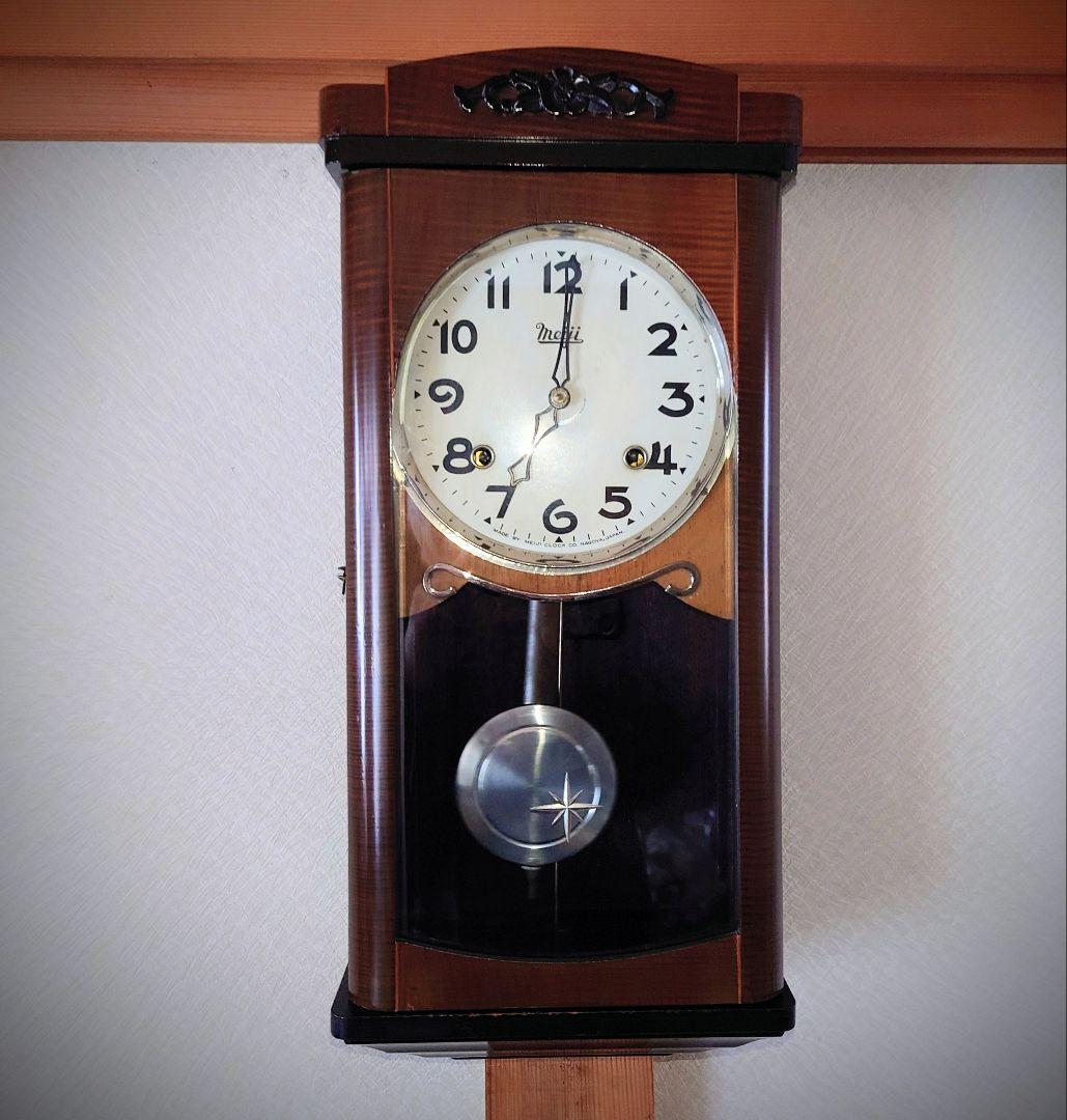 〈完動・美品〉明治時計　チンチャン打　宮型ゼンマイ振り子掛け時計　ボンボン時計