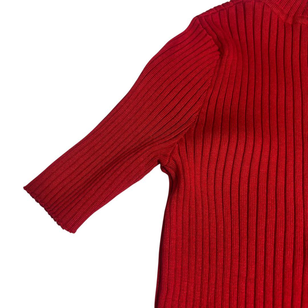 【美品】Courregesクレージュ ロゴ付き半袖リブニット 赤Mブルガリア製