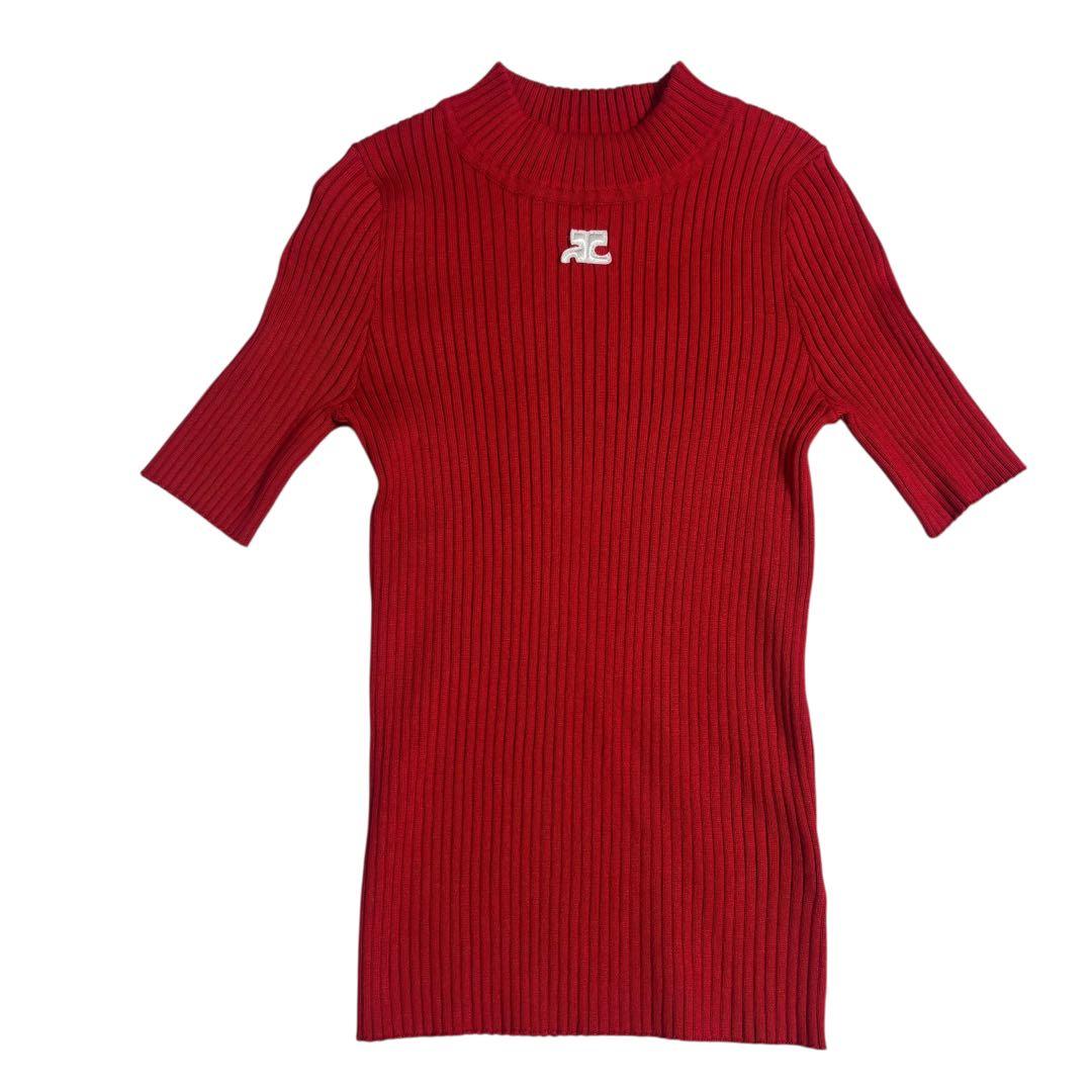 【美品】Courregesクレージュ ロゴ付き半袖リブニット 赤Mブルガリア製