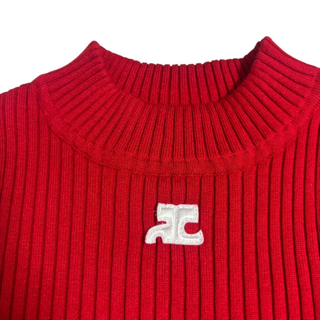 【美品】Courregesクレージュ ロゴ付き半袖リブニット 赤Mブルガリア製