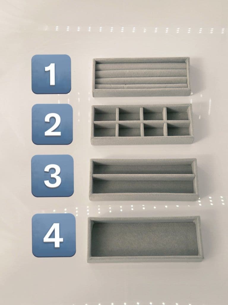 ジュエリーボックス、引き出し3段、ダイソートレイ8枚付き