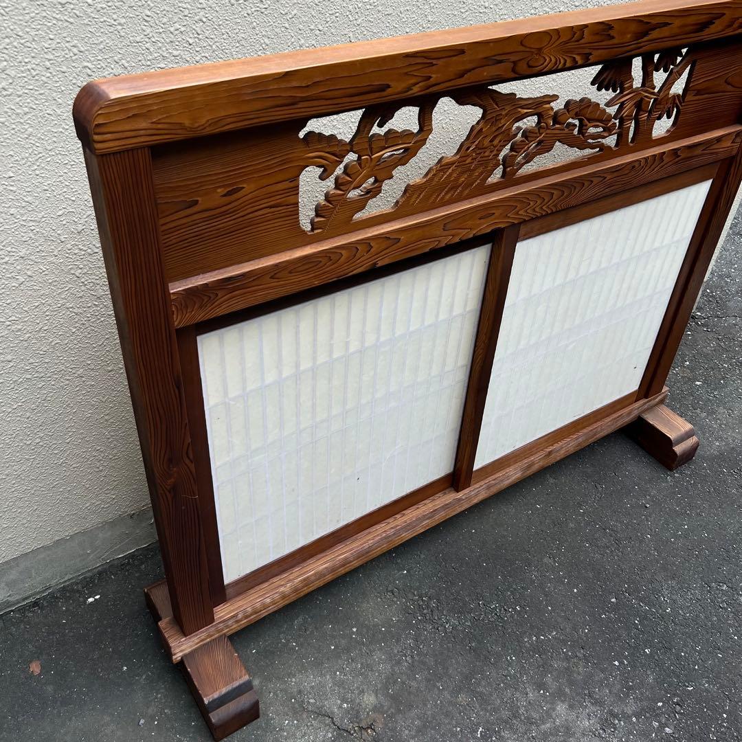 衝立　昭和レトロ　引き戸　障子　彫刻　木　 送料込　木製　欄間　パーテーション