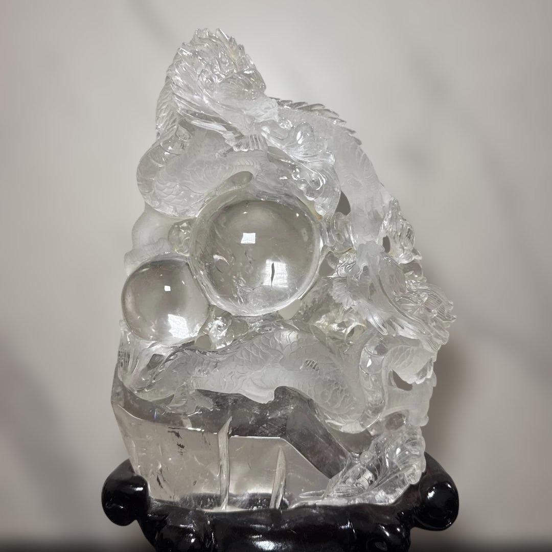 【圧巻3.1kg】天然水晶 双龍彫刻 台座付 巨大玉持ち 置物