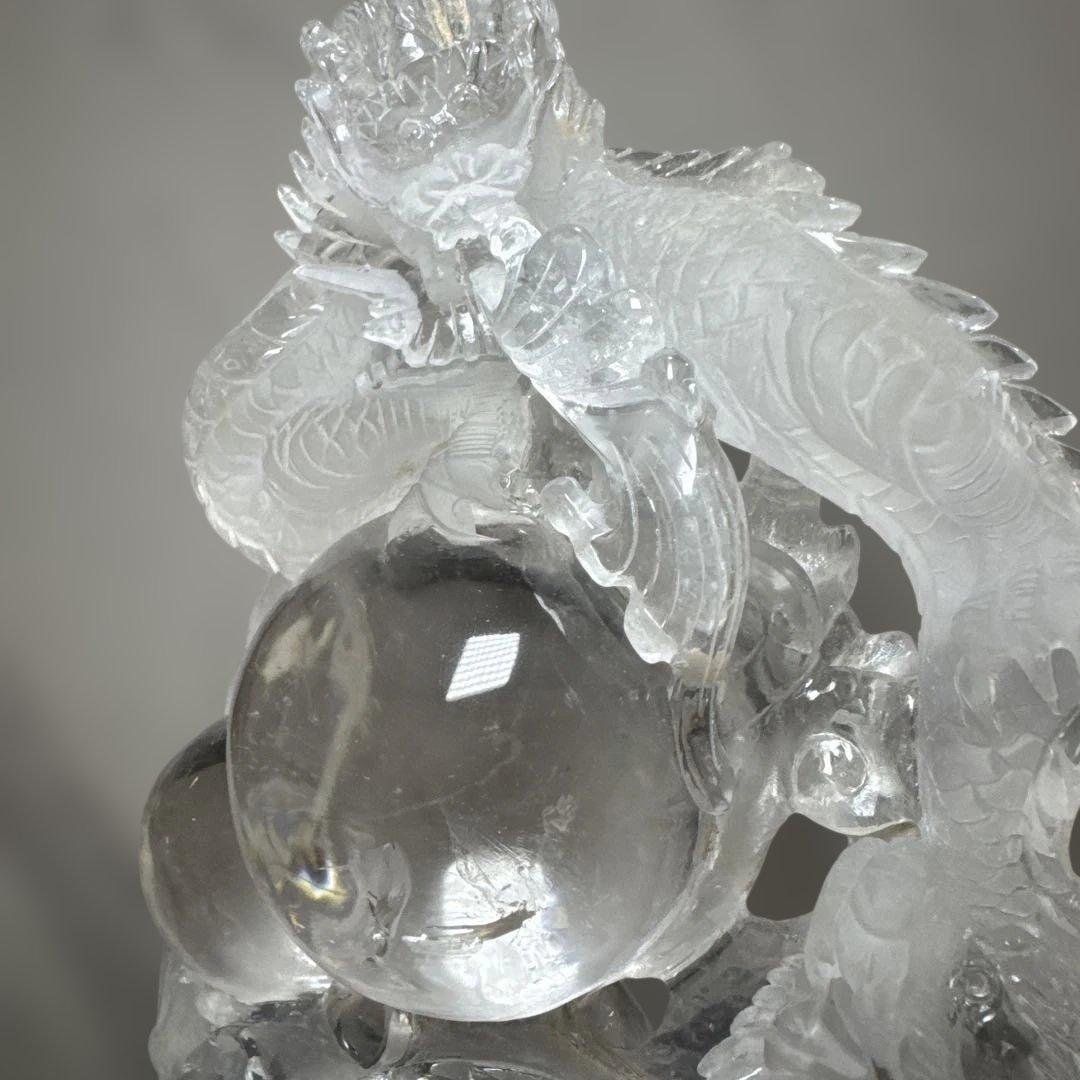 【圧巻3.1kg】天然水晶 双龍彫刻 台座付 巨大玉持ち 置物