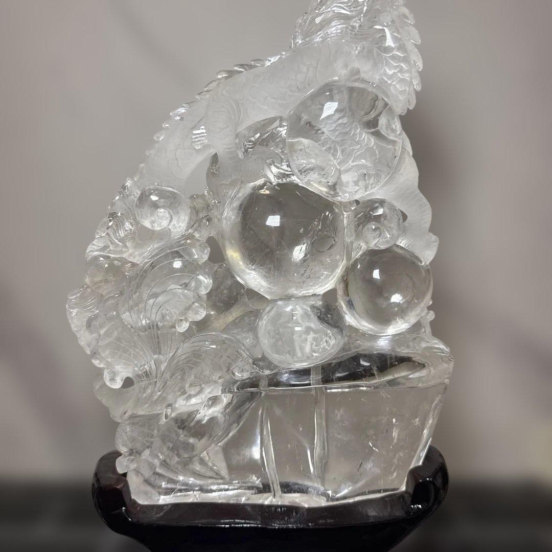 【圧巻3.1kg】天然水晶 双龍彫刻 台座付 巨大玉持ち 置物