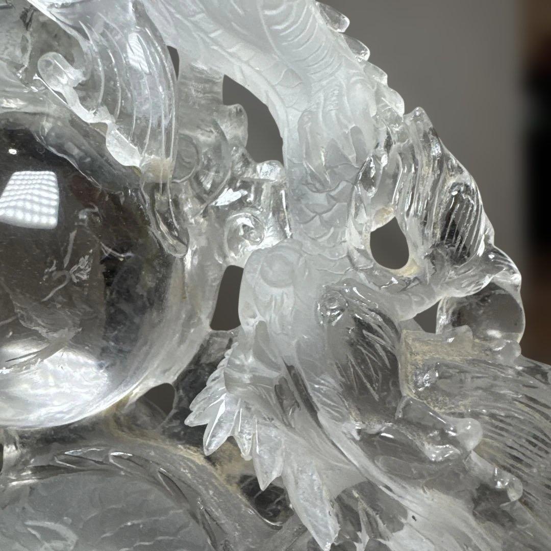 【圧巻3.1kg】天然水晶 双龍彫刻 台座付 巨大玉持ち 置物